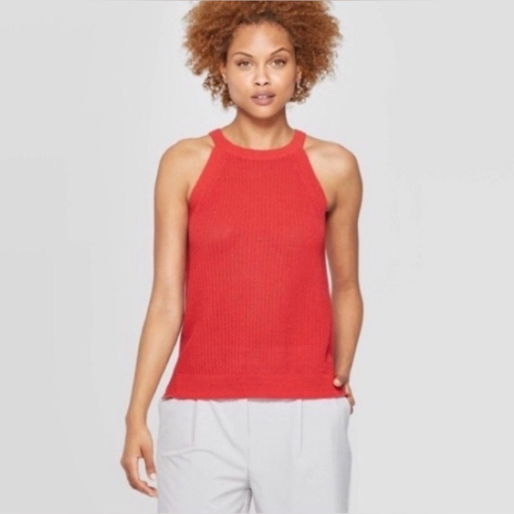 Prologue Red Knitted Sleeveless High Neck Cotton Tank Top XS